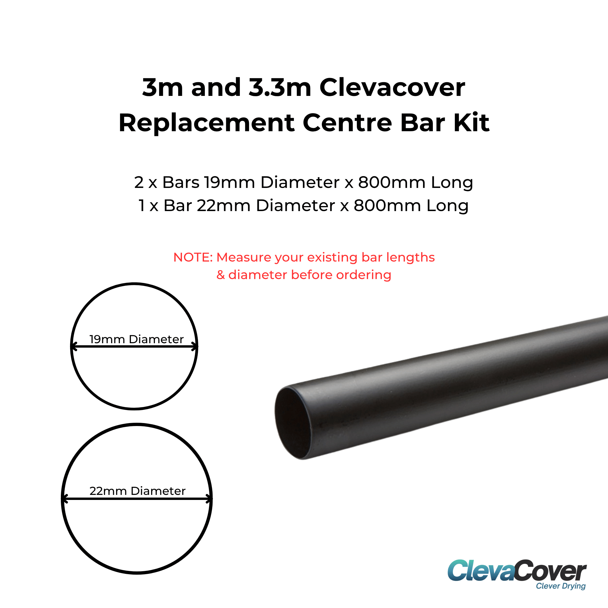 ClevaCover replacement centre bar kit for larger Clevacovers 19mm and 22mm diameter