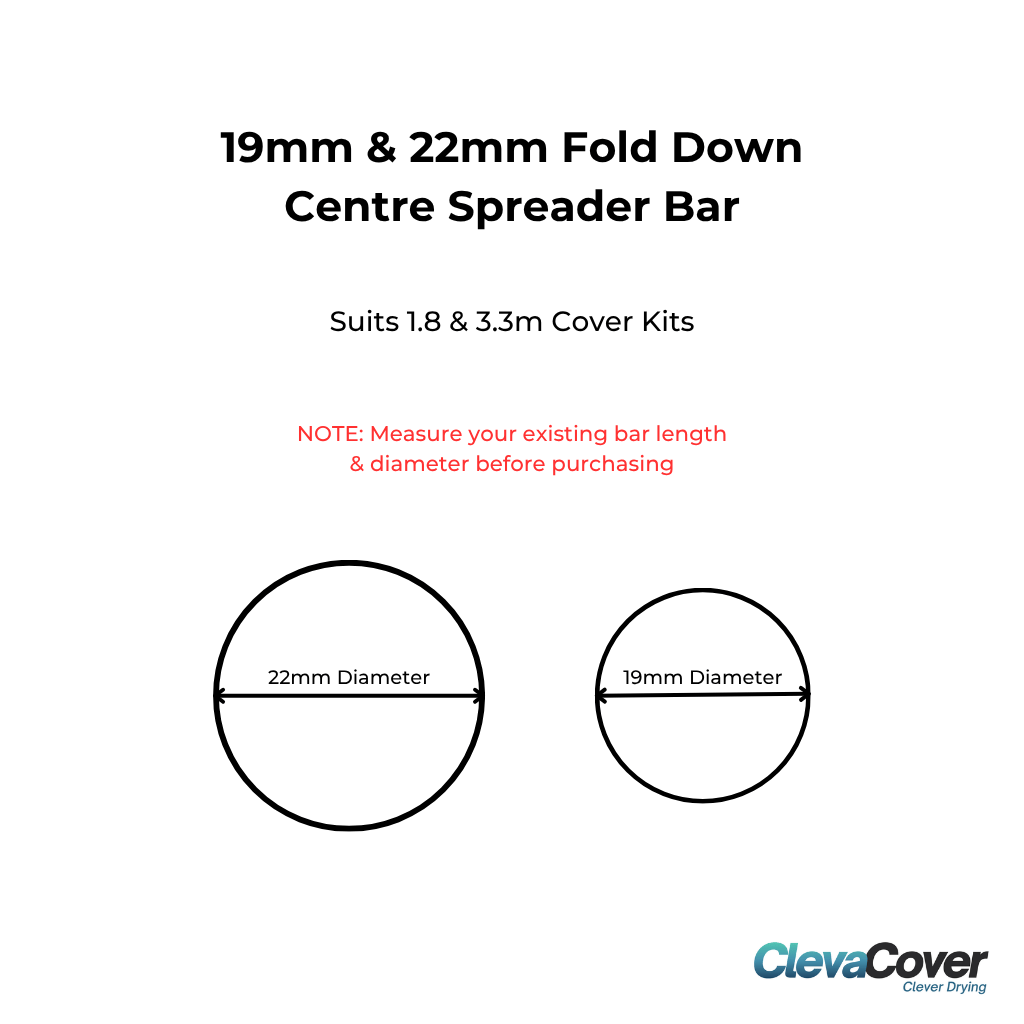 Diagram of 19mm and 22mm fold down centre spreader bars with measurements and ClevaCover branding.