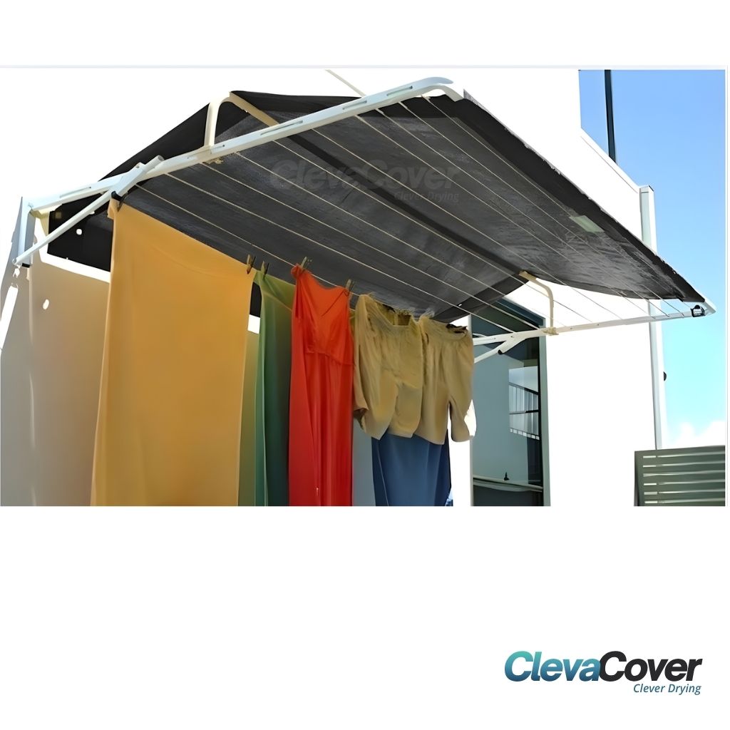 Image looking upwards so you can see how the ClevaCover sits higher than the fold down clothesline allowing air flow to circulate