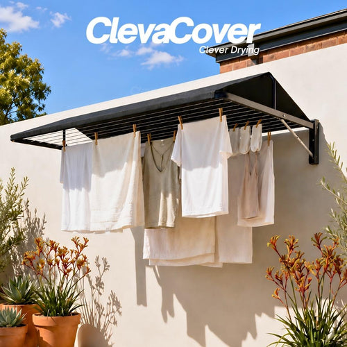 ClevaCover fitted to an outdoor wall mounted fold down clothesline with kangaroo paws in the foregrouond.